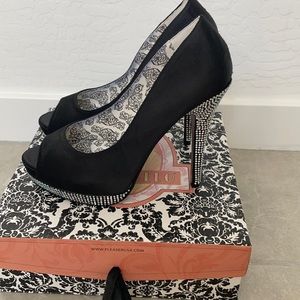 BORDELLO BLACK RHINESTONE SATIN HEELS